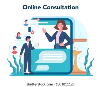 Servicio o plataforma en línea de recursos humanos. Idea de contratación y gestión de empleo. Gestión del trabajo en equipo. Consulta en línea. Ilustración vectorial plana