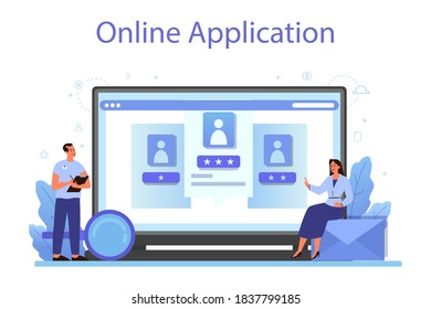 Human resources online service or platform. Idea of recruitment and job management. Teamwork management. Online application. Flat vector illustration