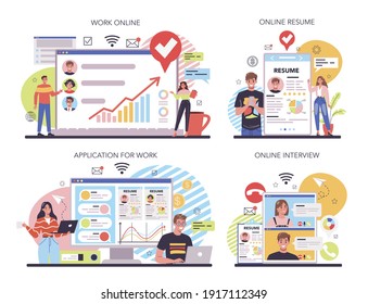 Human resources online service or platform set. Idea of recruitment and job management. Personnel planning and management. Online work, resume, interview, application. Flat vector illustration