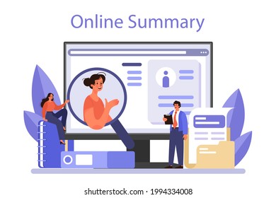 Human resources online service or platform. Idea of recruitment and job management. Teamwork management. Online summary. Flat vector illustration