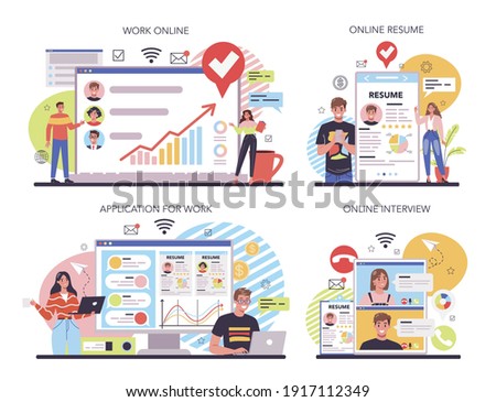 Human resources online service or platform set. Idea of recruitment and job management. Personnel planning and management. Online work, resume, interview, application. Flat vector illustration