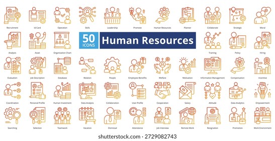 El estilo de gradiente de contorno de Recursos Humanos contiene 50 íconos que incluyen inversión humana, análisis de datos, colaboración, perfil de usuario, análisis, activo, organigrama, Vector simple
