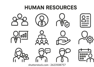 Human resources outline icons set featuring team, employee, resume, presentation, org chart, support