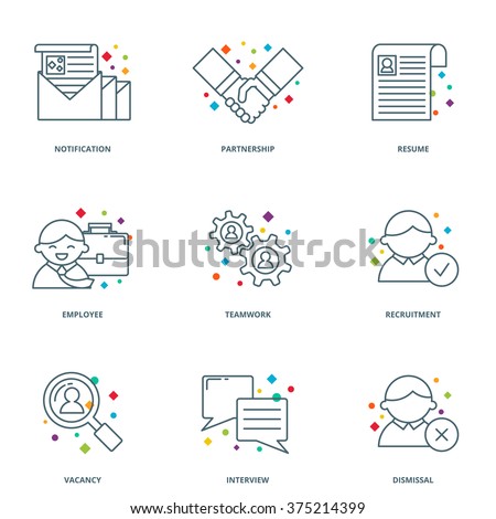 Human resources and partnership icons set, line style, line style