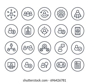 Human Resources And Personnel Management Line Icons On White, HR, Staff Rotation, Interaction, Coaching, Hiring