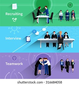 Human Resources Personnel Recruiting Interview And Teamwork 3 Flat Horizontal Banners Abstract Slant Shadow Isolated Vector Illustration