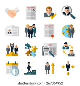 Human resources personnel recruitment strategy flat icons set with resume and diploma abstract shadow isolated vector illustration
