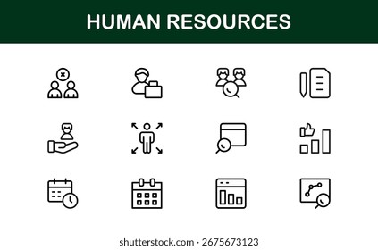 Conjunto de íconos de línea de Profesional de recursos humanos: símbolos de contorno mínimos modernos para la gestión de recursos humanos y la contratación