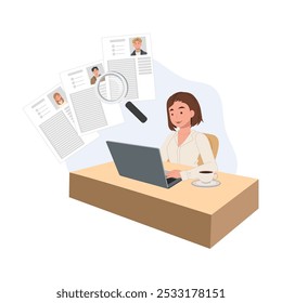 Human Resources Professional Using Magnifying Glass for Job Application Screening and Candidate Review
