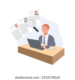 Human Resources Professional Using Magnifying Glass for Job Application Screening and Candidate Review
