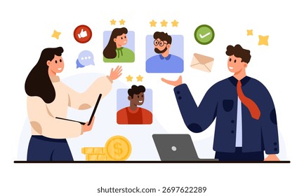 Human resources professionals evaluating staff performance with rating icons, communication symbols, and money on isolated white background for business management concept vector illustration