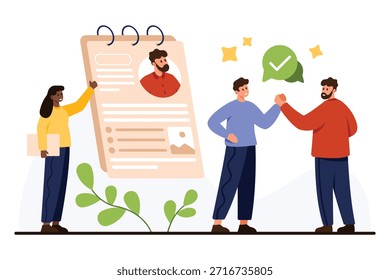 Profissionais de recursos humanos revisando CV candidato, processo de recrutamento bem-sucedido, trabalho em equipe, entrevista de emprego, decisão de contratação, escritório moderno, oportunidade de carreira, isolado no vetor de fundo branco