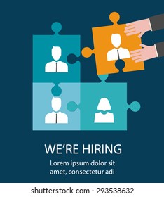 Human resources, recruiting, we are hiring concepts. Recruiter completes team by one person (employee) represented as puzzle piece