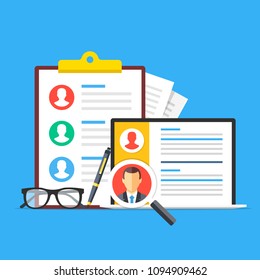 Human resources, recruitment. Clipboard with list of candidates, pen, glasses and laptop with cv, resume and magnifying glass. HR, employee search concepts. Flat design. Vector illustration