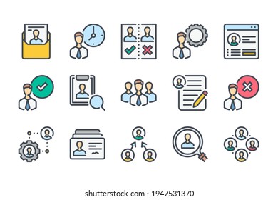 Human resources and Recruitment color line icon set. Head hunting and career linear icons. Customer service and HR colorful outline vector sign collection.