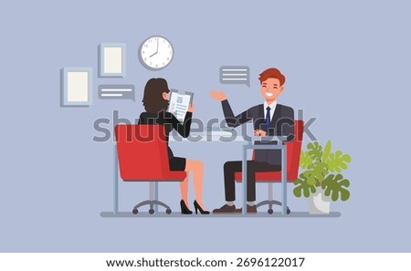 Human Resources and Recruitment concept. HR manager interviewing candidate, resume and checklist on clipboard flat character vector illustration design.