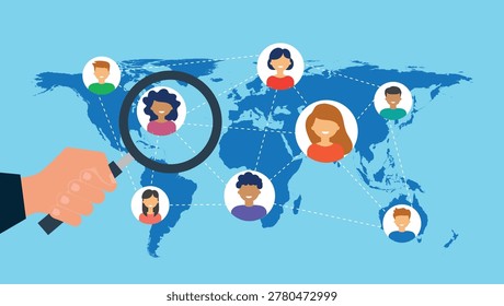 Human resources and recruitment concept with a magnifying glass examining a global network of professional people