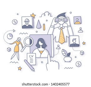 Human resources and recruitment concept. Searching for employee. We are hiring. Doodle vector spot concept for website, applications or printed materials