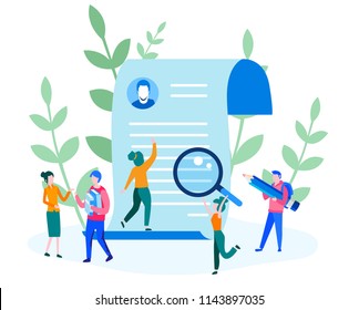 Human Resources, Recruitment Concept for web page, social media. Vector illustration people select a resume for a job, people fill out the form, hiring employees, recruitment agency, team work
