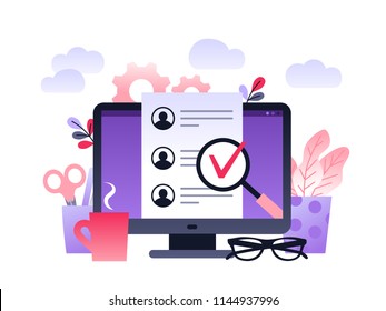 Human Resources, Recruitment Concept for web page, banner, presentation, social media, documents, cards, posters. Vector ultra violet illustration with monitor and a cup of coffee on desk.