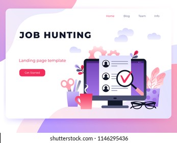 Human Resources, Recruitment Concept for web page, banner, presentation, social media. Vector ultra violet landing page template with monitor and a cup of coffee on desk.
