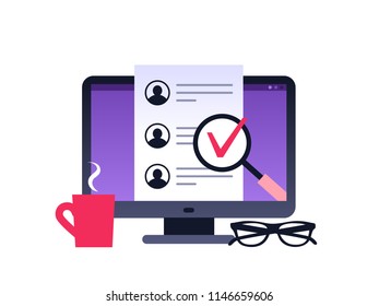 Human Resources, Recruitment Concept for web page, banner, presentation, social media, documents, cards, posters. Vector ultra violet illustration with monitor and a cup of coffee on desk.