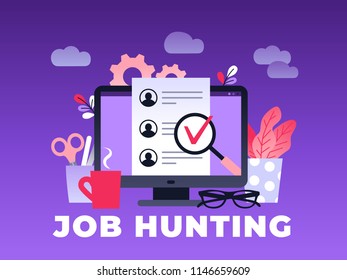 Human Resources, Recruitment Concept for web page, banner, presentation, social media, documents, cards, posters. Vector ultra violet illustration with monitor and a cup of coffee on desk.