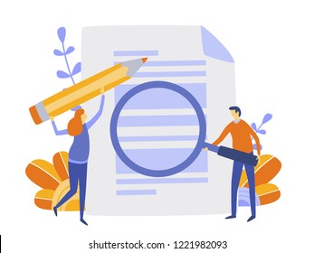 Human Resources, Recruitment Concept for web page, social media. Vector illustration people select a resume for a job, people fill out the form, hiring employees, recruitment agency