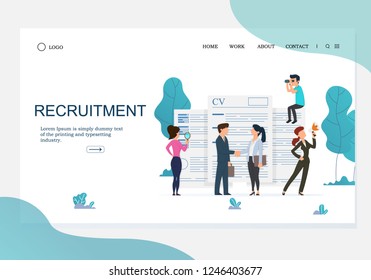 Human Resources, Recruitment Concept for web page, banner, presentation, social media, documents, cards, posters. Vector illustration, interviewing, assessment, recruitment agency. color bright illust