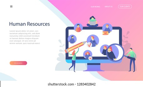 Recursos humanos, Concepto de contratación para página web, banner, presentación, medios sociales, documentos, tarjetas, afiches. Ilustración vectorial HR, buscar, buscar talento, monitorear, buscar trabajo, CV
