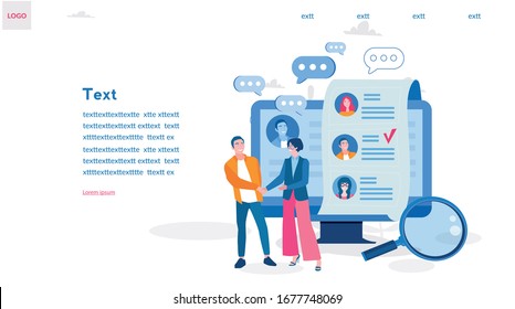 Human Resources Recruitment Concept for web page, banner, presentation, social media, documents, cards, posters. Vector illustration,  interviewing, assessment,  recruitment agency. hiring employee.
