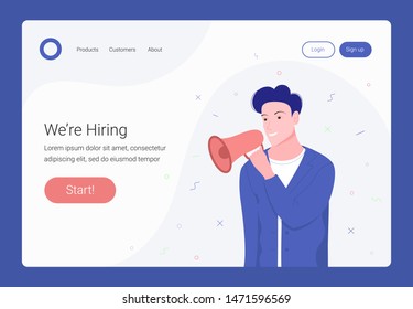 Human resources and recruitment concept. Young man in blue suit speaking megaphone. Landing page temolate. Trendy flat cartoon style. Vector illustration.