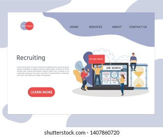 Human Resources. Recruitment. Employees looking for job. We are hiring. Landing page template, banner, presentation, social media, documents, cards, posters. Vector illustration