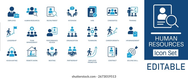 Symbolsatz für Personalwesen und Personalbeschaffung. Enthält Symbole für Interview, Einstellung, Teammanagement und Leistungsüberprüfung. Solide Symbole für Mitarbeitermanagement, Karrierewachstum und Unternehmenstraining.