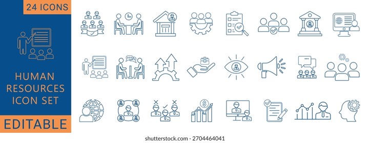 Conjunto de iconos de Recursos Humanos y Reclutamiento. Incluye símbolos para entrevista, contratación, gestión de Equipos y revisión del rendimiento. Iconos sólidos para la gestión de empleados, el crecimiento profesional y la formación corporativa.