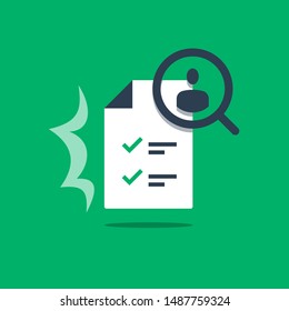 Human resources, recruitment service, choose candidate, fill vacancy, employment concept, application form review, staff search, questionnaire check list, vector flat design illustration