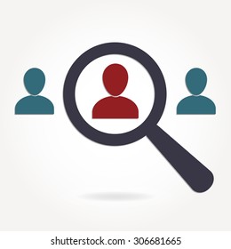Human resources and recruitment symbol. Magnifying glass and man silhouette icon. Vector illustration.
