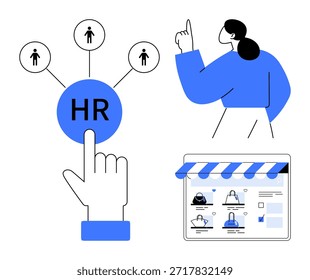 Recursos humanos, reclutamiento, team building, gestión de empleados, proceso de contratación, herramientas digitales. Los Elementos visuales incluyen íconos de la red de recursos humanos, una persona que toma decisiones y perfiles de empleados. RR. HH.