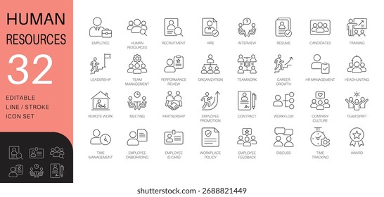 Conjunto de iconos de línea delgada de Recursos Humanos y Reclutamiento. Símbolos de Vector para infografías de incorporación, administración y crecimiento profesional del personal. Trazo totalmente editable.