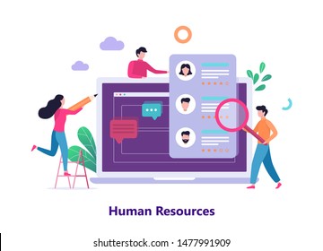 Human resources and recruitment web banner concept. Job interview and HR manager. Employment and labor. Search work in internet. Isolated vector illustration in flat style