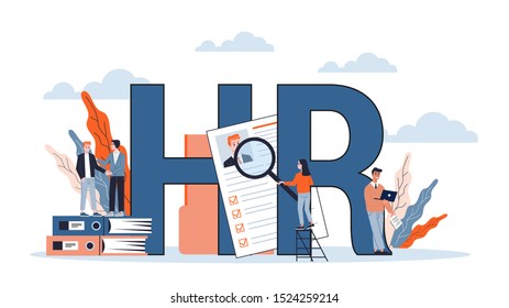 Human resources and recruitment web banner concept. Job interview and HR manager. Employment and labor. Search work in internet. Isolated vector illustration in flat style