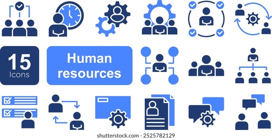 Human resources related icon set. Recruitment, office management and company structure line vector icons.