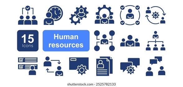 Conjunto de iconos relacionados con recursos humanos. Reclutamiento, gestión de oficinas y estructura de la empresa línea de iconos vectoriales.