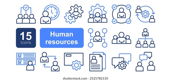 Conjunto de iconos relacionados con recursos humanos. Reclutamiento, gestión de oficinas y estructura de la empresa línea de iconos vectoriales.
