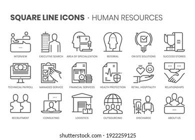 Human resources related, pixel perfect, editable stroke, up scalable square line vector icon set. 