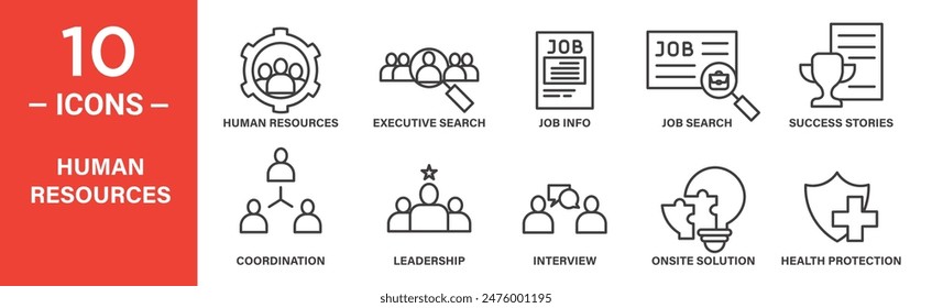 El conjunto de íconos de Vector relacionados con recursos humanos incluye la búsqueda de ejecutivos, información laboral, búsqueda de empleo, historias de éxito, coordinación, liderazgo, entrevista, solución in situ, protección de la salud y más íconos