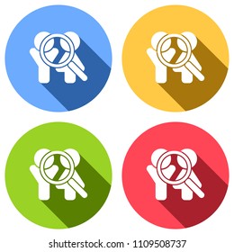 Human resources. Search teamgroup. Man, woman and magnifying symbols. Set of white icons with long shadow on blue, orange, green and red colored circles. Sticker style