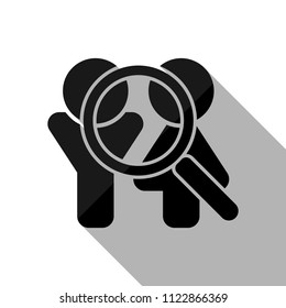Human resources. Search teamgroup. Man, woman and magnifying symbols. Black object with long shadow on white background