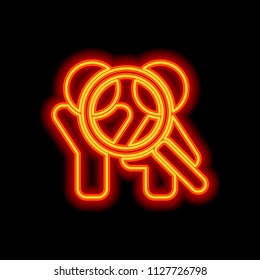 Human resources. Search teamgroup. Man, woman and magnifying symbols. Orange neon style on black background. Light icon