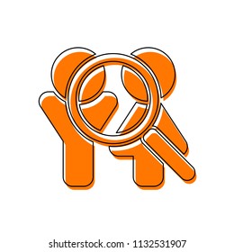 Human resources. Search teamgroup. Man, woman and magnifying symbols. Isolated icon consisting of black thin contour and orange moved filling on different layers. White background